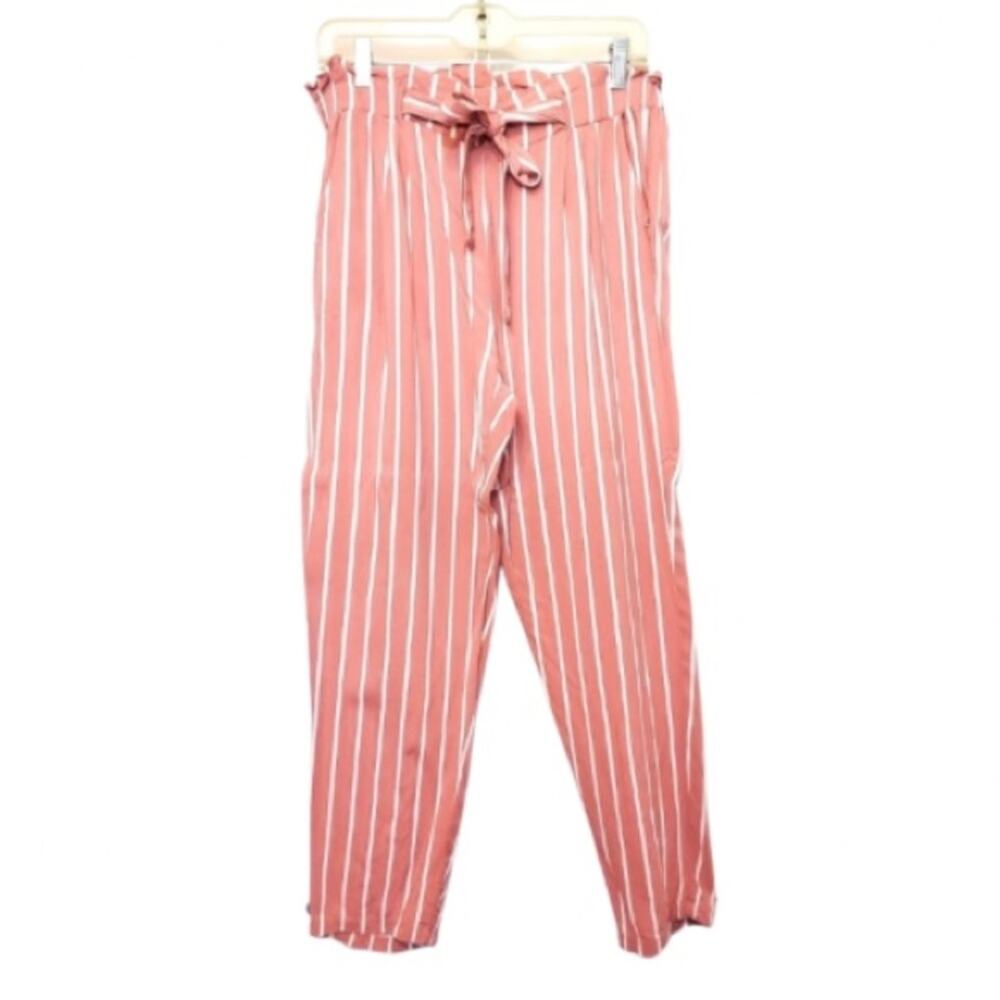 Papaya Pink White Stripe Paperbag Waist Drawstring Wide Straight Leg Pants Large